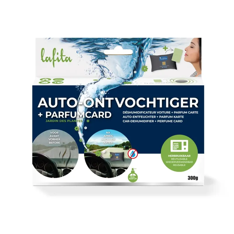 Lafita Auto Vochtvanger - 400 gram - met parfumkaart Jardin des Plantes - herbruikbaar Geld-Terug-Garantie