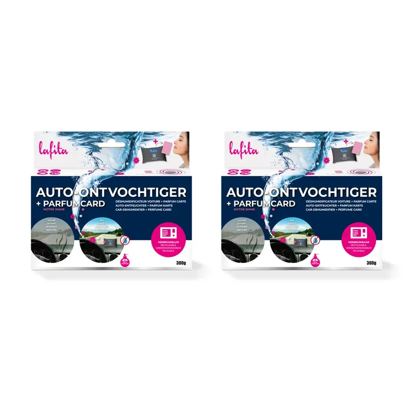 Nieuwe Collectie Lafita Auto Vochtvanger - 2 stuks - 400 gram - met 2x parfumkaart Notre Dame - herbruikbaar