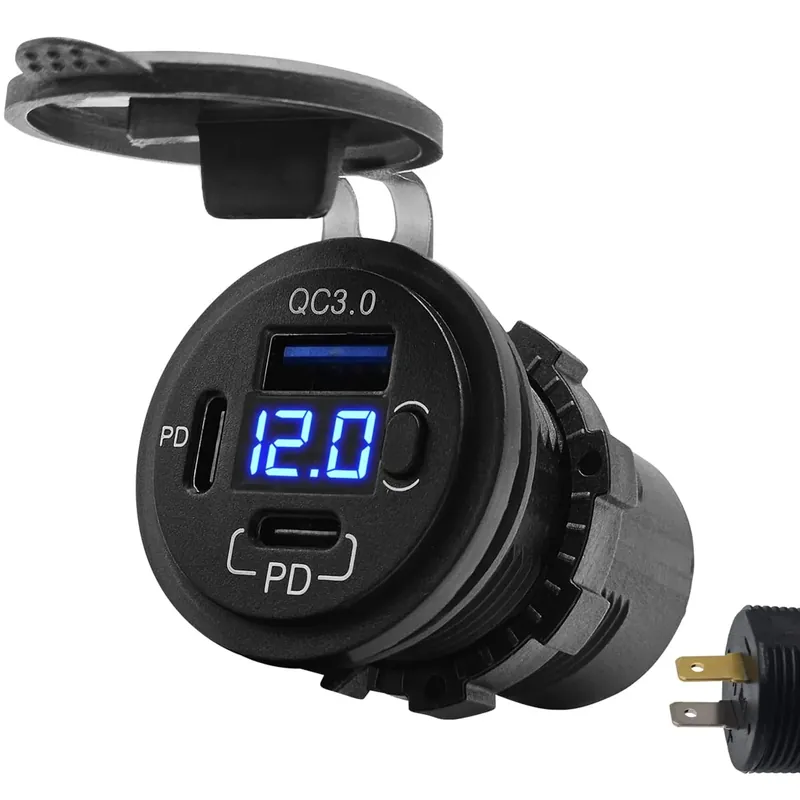 Korting 12v Usb C Autolader 3 Poorten Inbouw Met Schakelaar/voltmeter - Qc3.0 - Usb C Stopcontact Auto, Boot