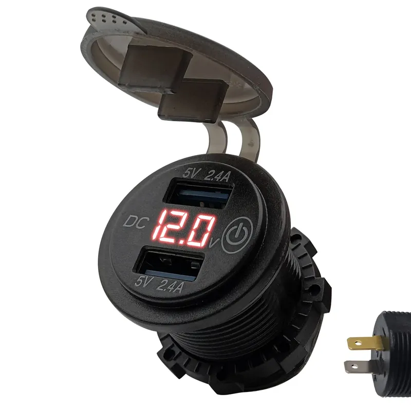 Gratis Retour Proride 12v Usb Autolader 2 Poorten Inbouw Met Schakelaar En Voltmeter + Aansluitkabel - 5v/2.4a -