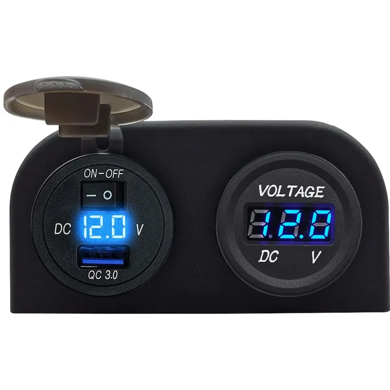Proride 12v Usb Autolader Opbouw Met Schakelaar - 5v/2.4a - Tweevoudig Opbouw Met Voltmeter - Blauw Ambachtelijk