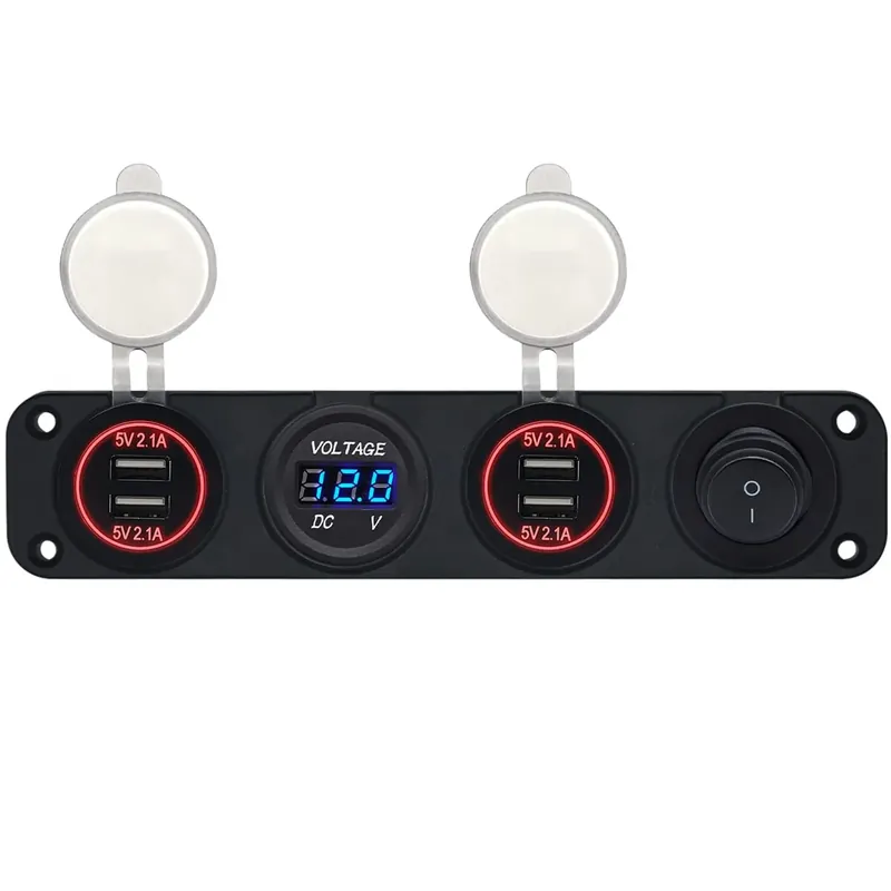 Proride 12v Usb Autolader 4 Poorten - 5v/2.1a - Voltmeter En Schakelaar - Viervoudig Inbouw Paneel Finale Uitverkoop