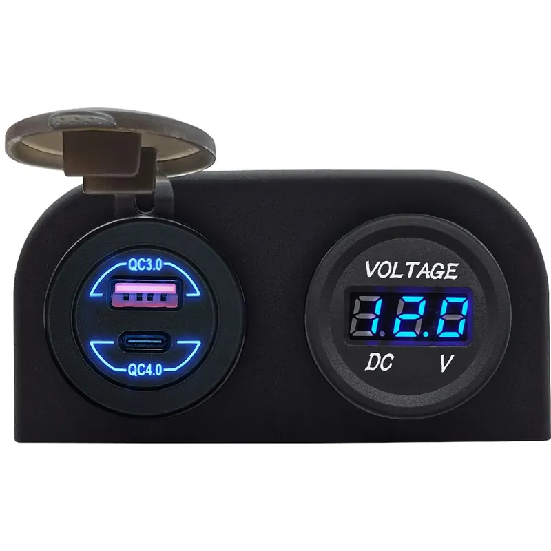 Gecertificeerd Proride 12v Usb Autolader 2 Poorten Opbouw - Qc4.0 - Tweevoudig Opbouw Met Voltmeter - Blauw