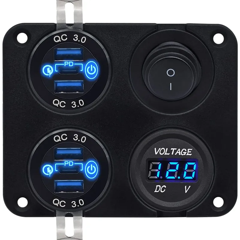 Proride 12v Usb Autolader 6 Poorten - Qc3.0 - Voltmeter En Schakelaar - Vierkant Inbouw Paneel Op = Op
