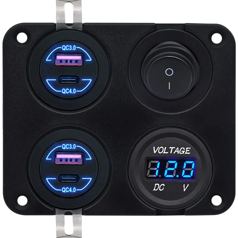 Trendy Proride 12v Usb Autolader 4 Poorten - Qc4.0 - Voltmeter En Schakelaar - Vierkant Inbouw Paneel