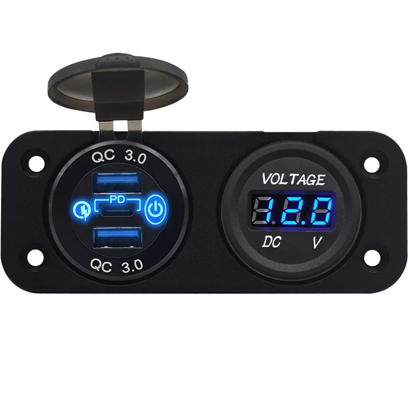 Proride 12v Usb Autolader 3 Poorten Inbouw Met Schakelaar - Qc3.0 - Tweevoudig Inbouw Paneel - Blauw Nieuw Model